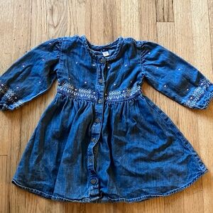Blue Denim Button-Up Dress with flower embroidery